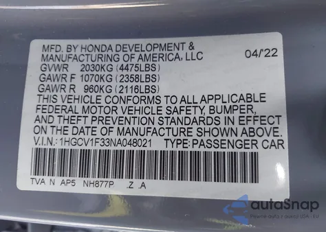 2022 Honda Accord Sport z USA, uszkodzony, nr VIN 1HGCV1F33NA048021